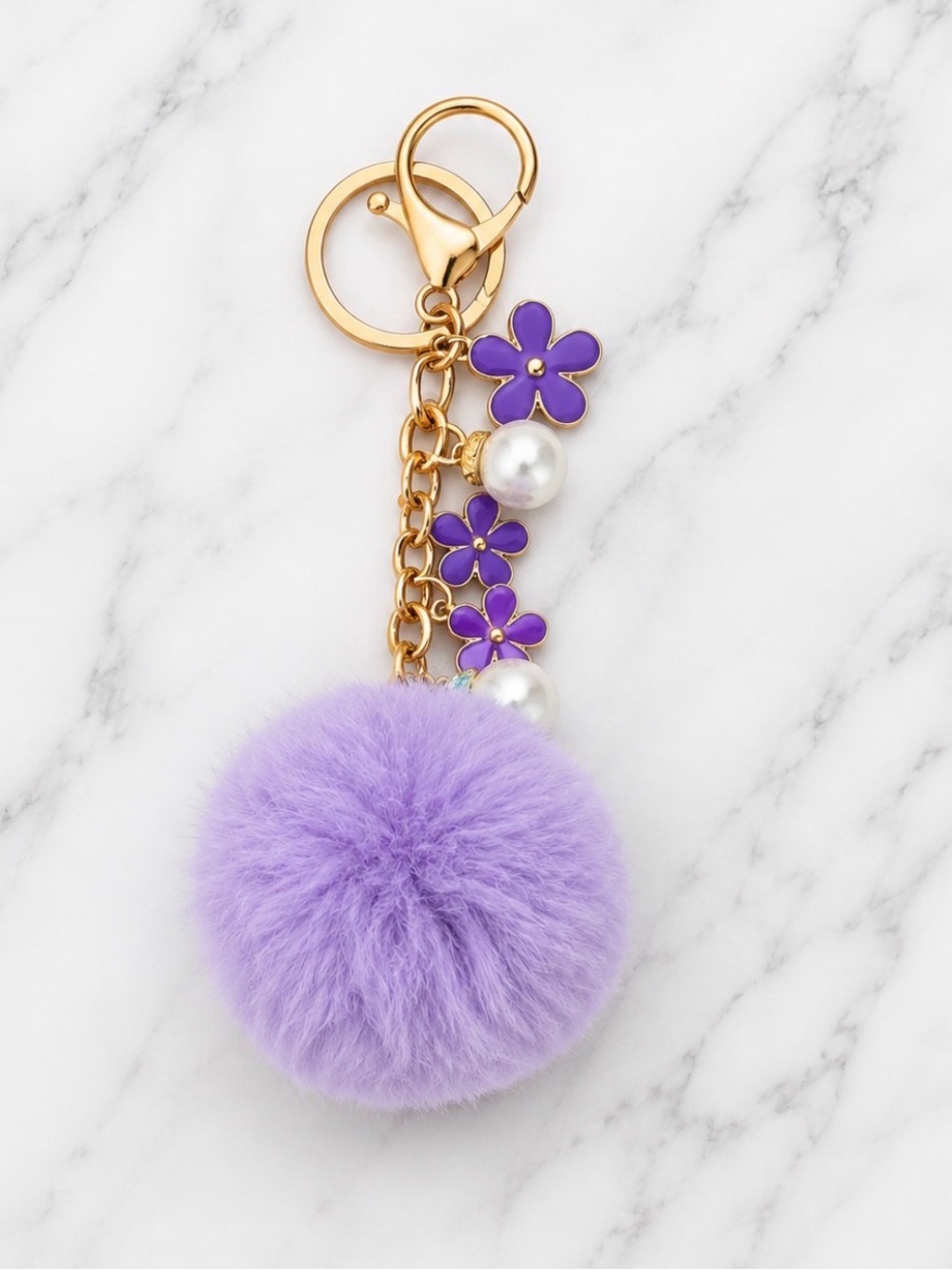 Purple Pom-Pom & Enamel Flower Bag Charm / Keyring-Gold Hardware